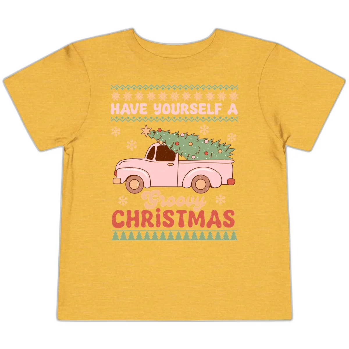 Groovy Retro Christmas Truck Toddler T-Shirt in Heather Yellow Gold