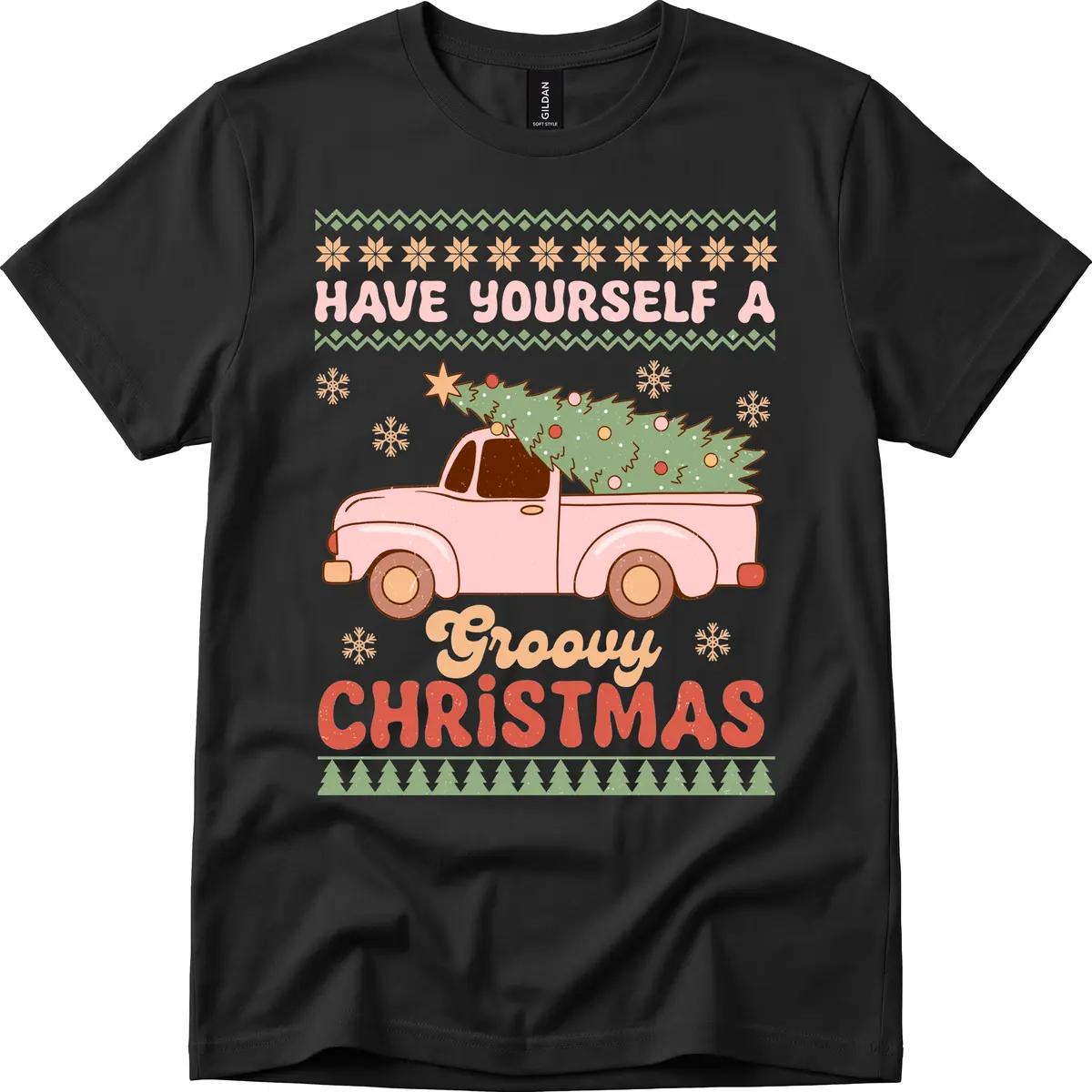 Groovy Retro Christmas Truck T-Shirt in Black