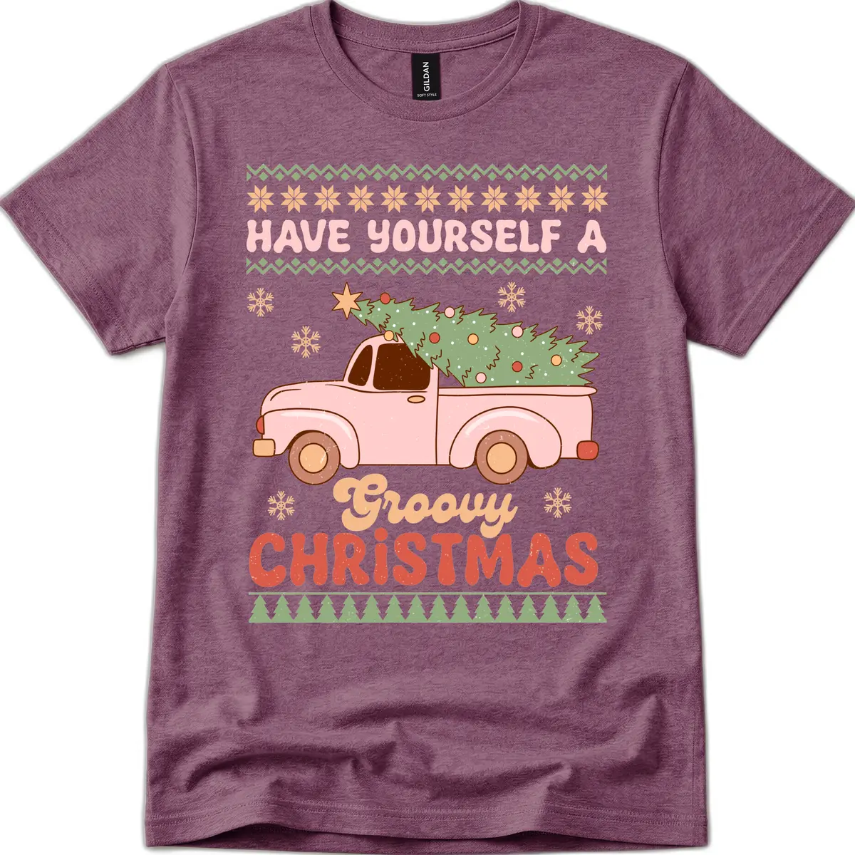 Groovy Retro Christmas Truck T-Shirt in Heather Maroon