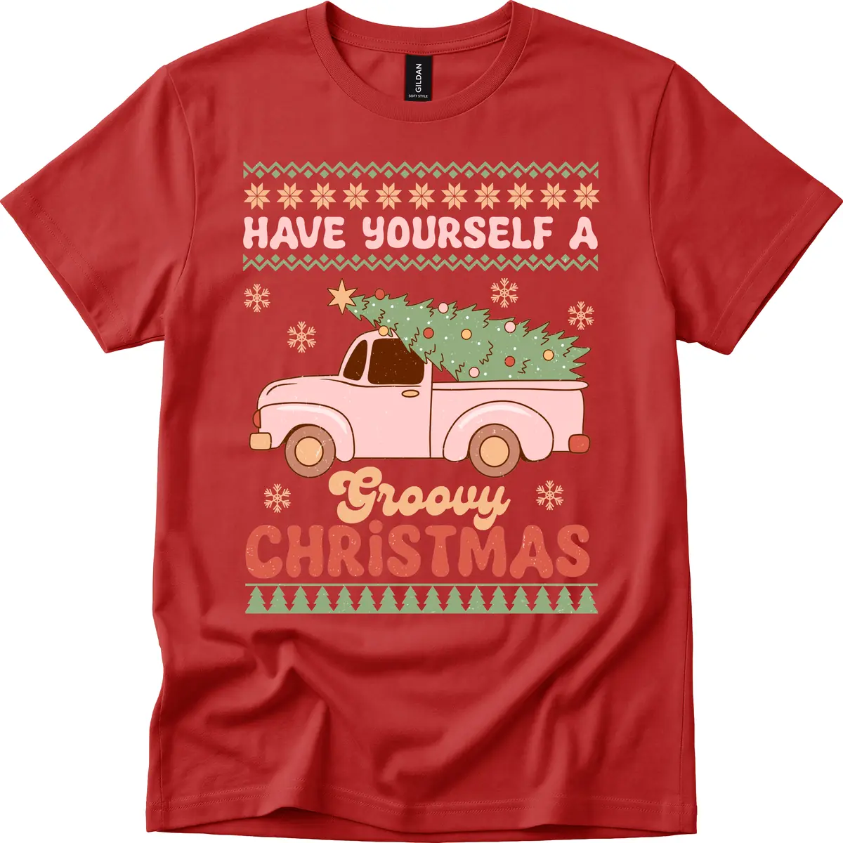 Groovy Retro Christmas Truck T-Shirt in Red
