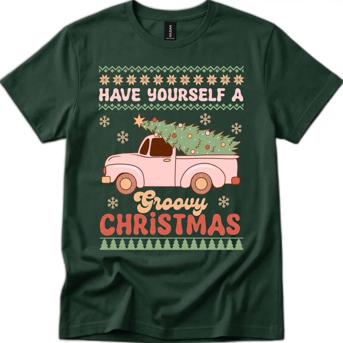 Groovy Retro Christmas Truck T-Shirt in Forest Green