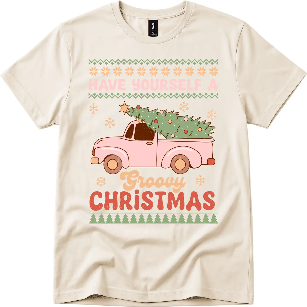 Groovy Retro Christmas Truck T-Shirt in Natural