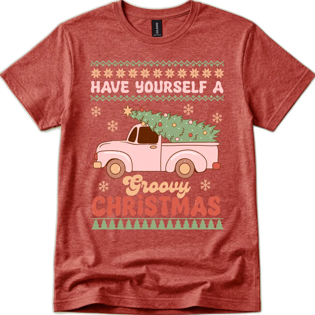 Groovy Retro Christmas Truck T-Shirt in Heather Cardinal