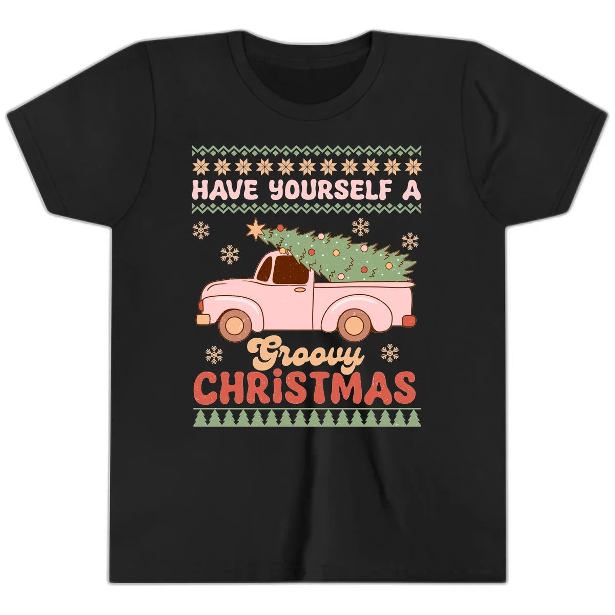 Groovy Retro Christmas Truck Youth T-Shirt in Black