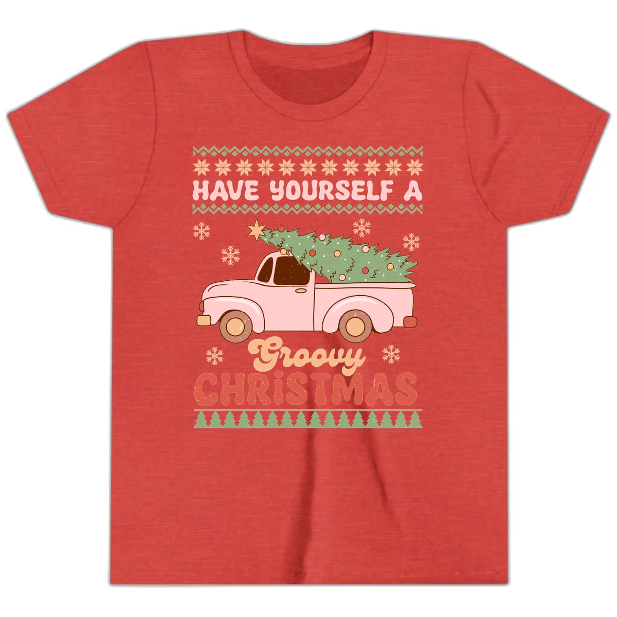 Groovy Retro Christmas Truck Youth T-Shirt in Heather Red