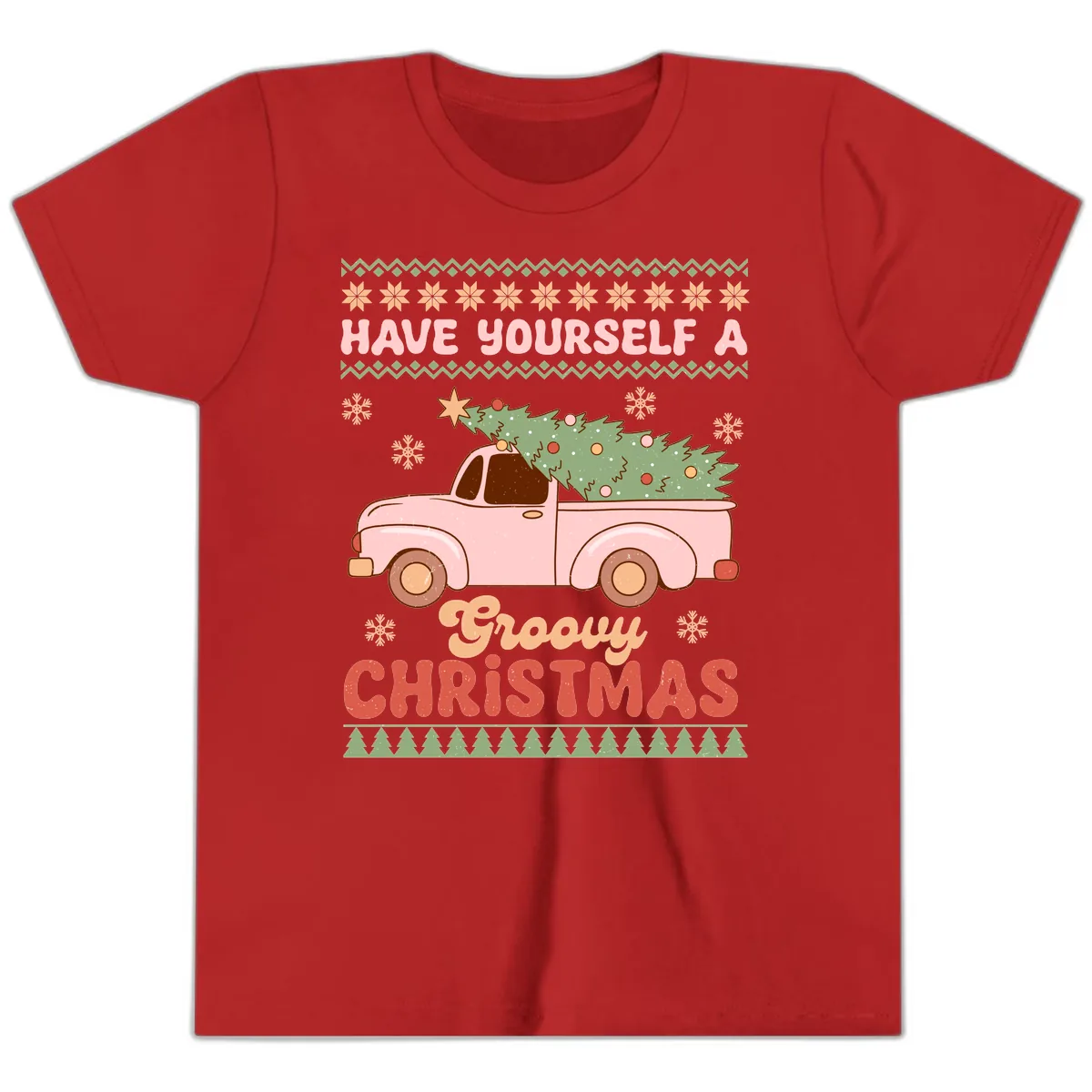 Groovy Retro Christmas Truck Youth T-Shirt in Red