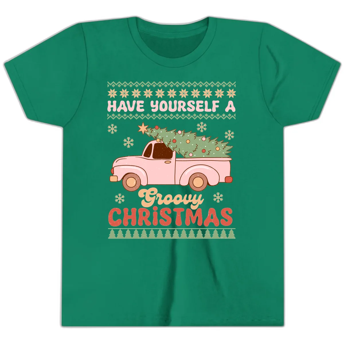 Groovy Retro Christmas Truck Youth T-Shirt in Kelly
