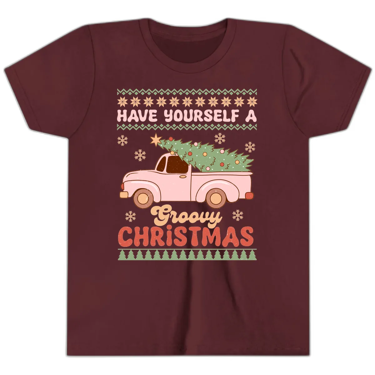 Groovy Retro Christmas Truck Youth T-Shirt in Maroon
