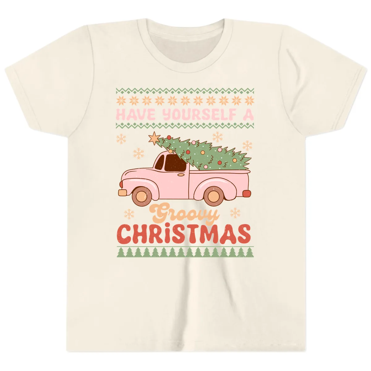 Groovy Retro Christmas Truck Youth T-Shirt in Natural