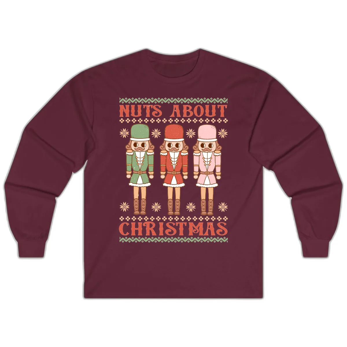 Nuts About Christmas Nutcrackers Long Sleeve in Maroon