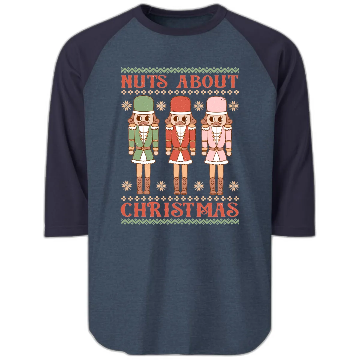 Nuts About Christmas Nutcrackers Raglan 3/4 in Heather Denim Navy