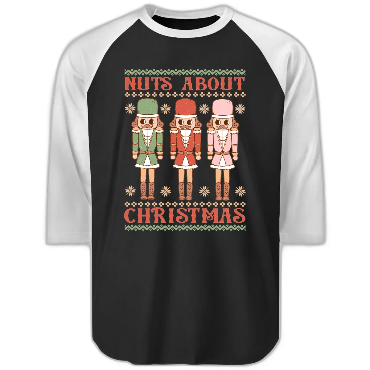 Nuts About Christmas Nutcrackers Raglan 3/4 in Black White