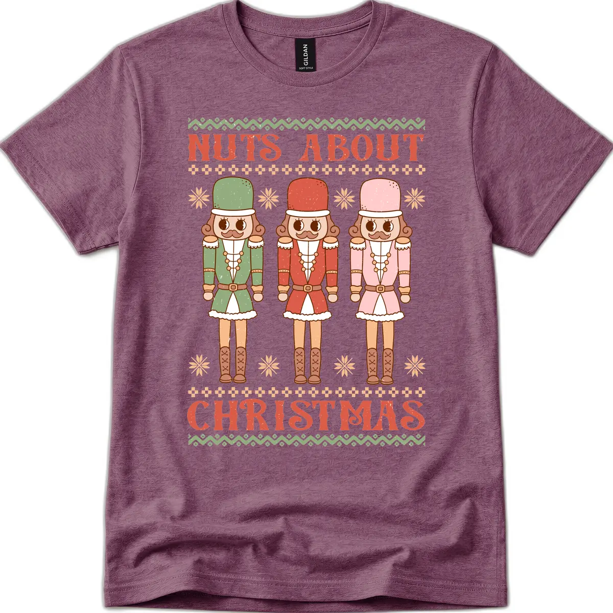 Nuts About Christmas Nutcrackers T-Shirt in Heather Maroon