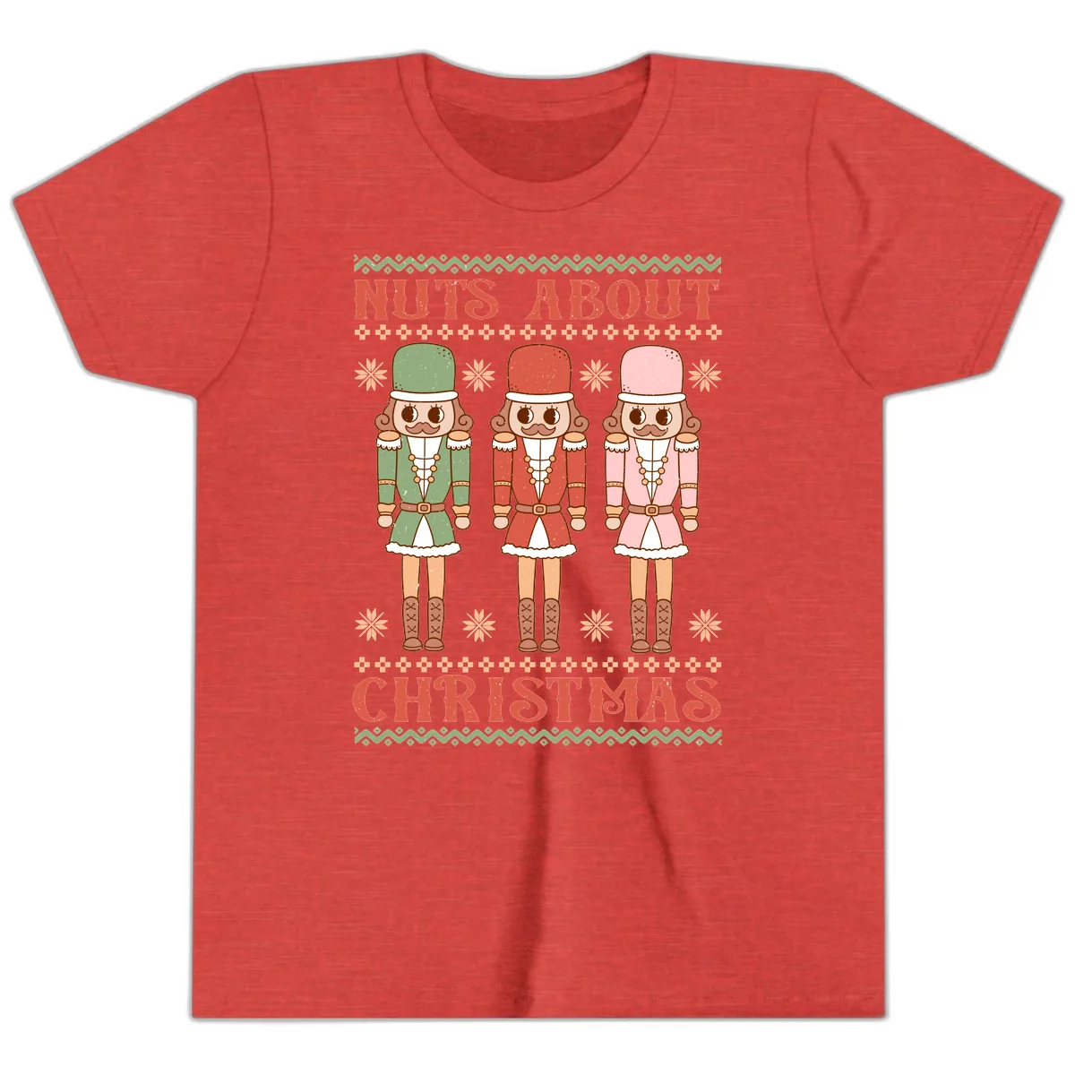 Nuts About Christmas Nutcrackers Youth T-Shirt in Heather Red
