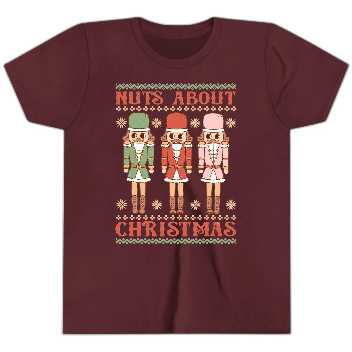 Nuts About Christmas Nutcrackers Youth T-Shirt in Maroon