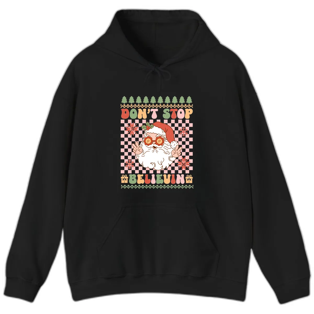 Don't Stop Believin' Retro Santa Hoodie in Black