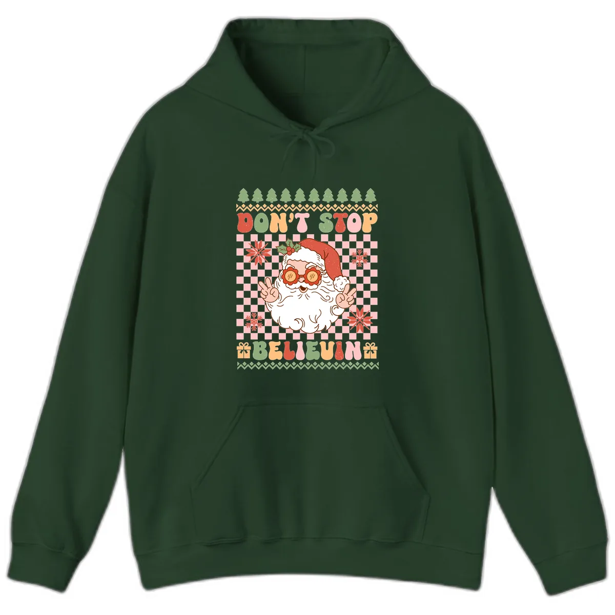 Don't Stop Believin' Retro Santa Hoodie in Forest Green