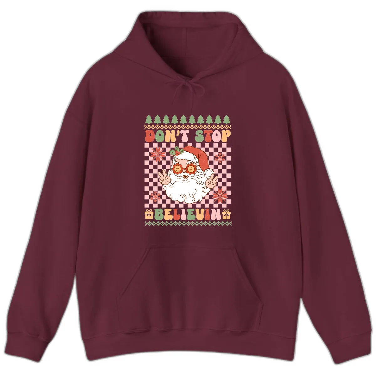 Don't Stop Believin' Retro Santa Hoodie in Maroon