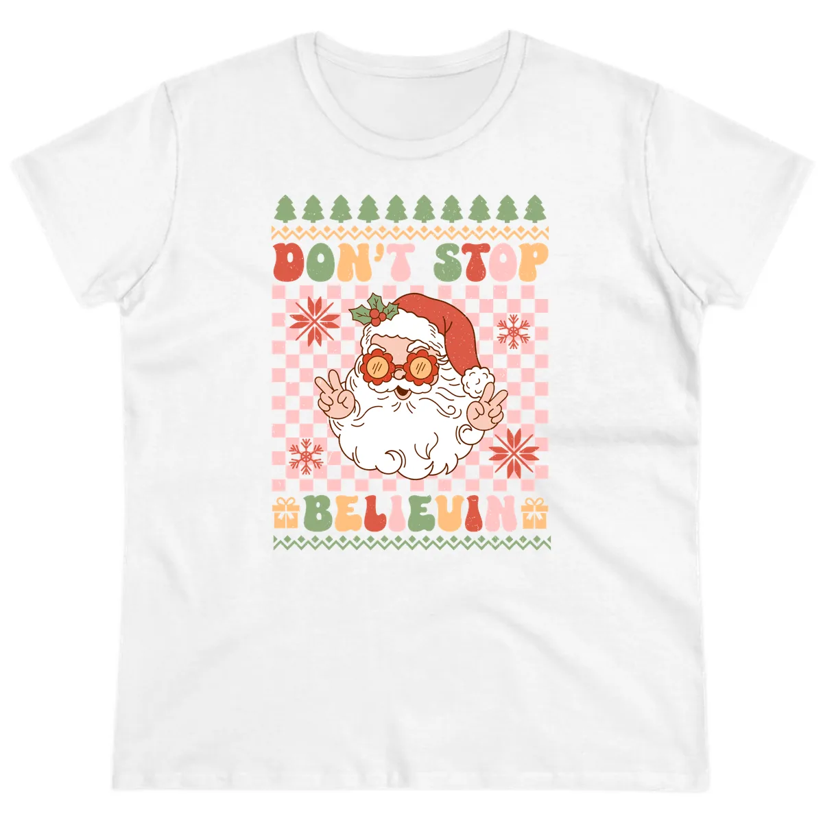 Don't Stop Believin' Retro Santa Ladies Tee in White