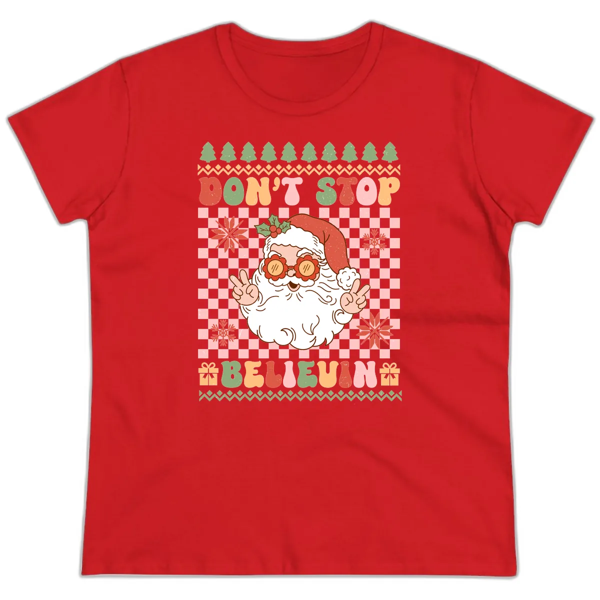 Don't Stop Believin' Retro Santa Ladies Tee in Red