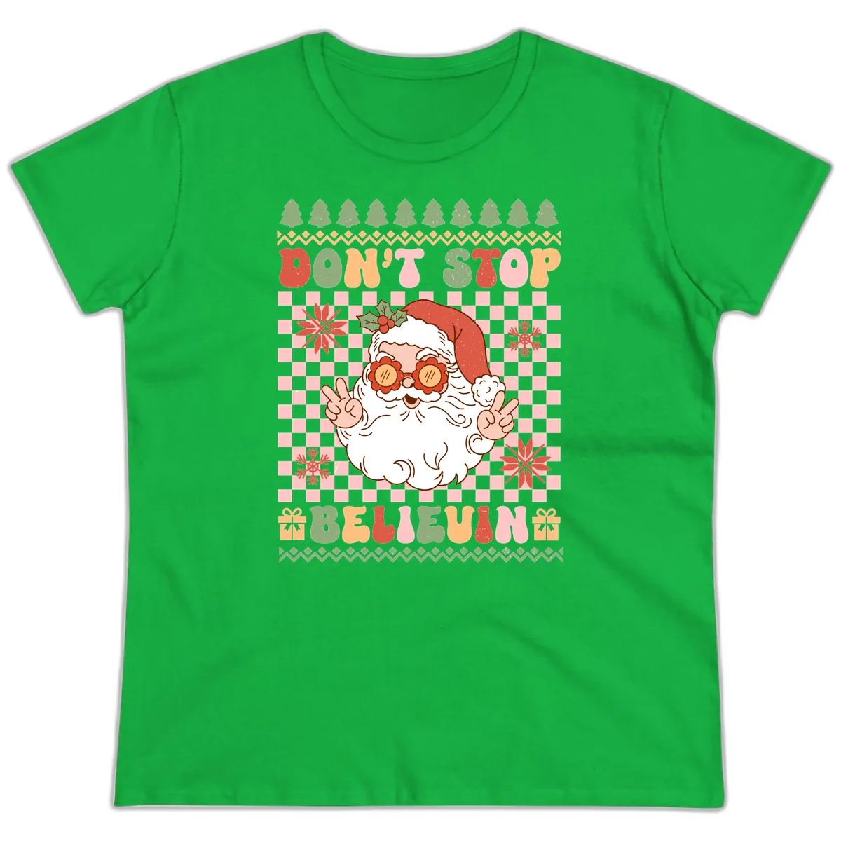 Don't Stop Believin' Retro Santa Ladies Tee in Irish Green