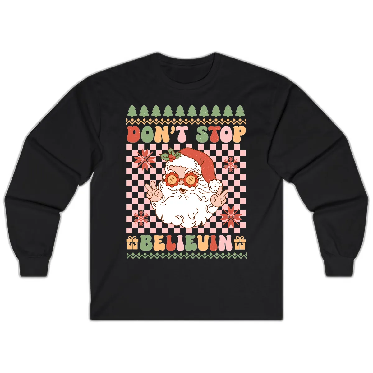 Don't Stop Believin' Retro Santa Long Sleeve in Black