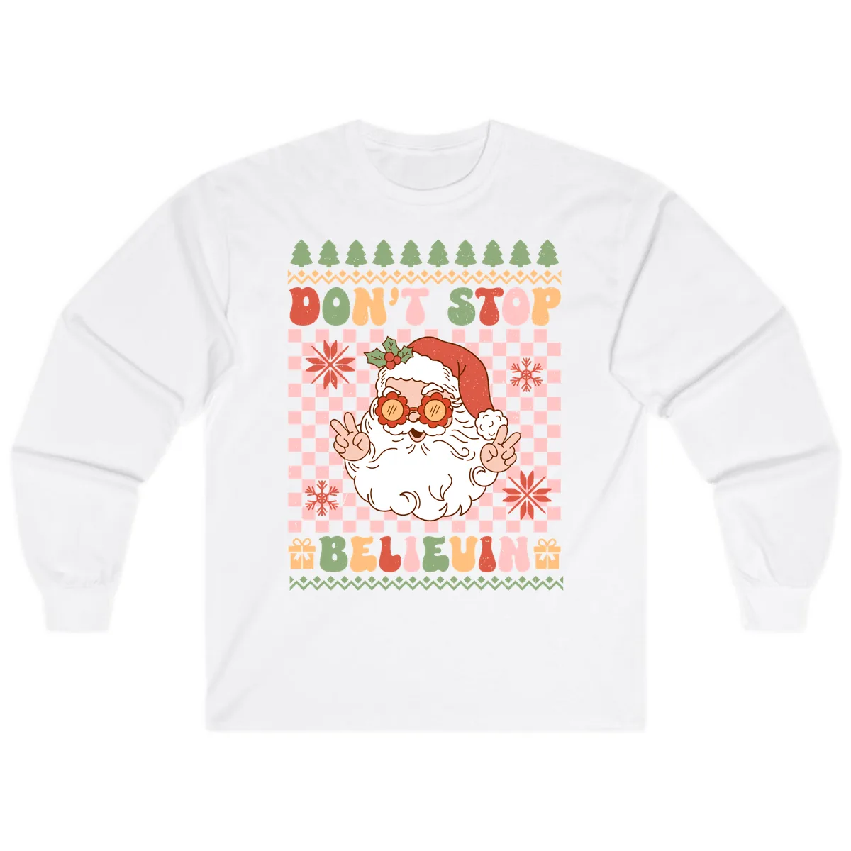 Don't Stop Believin' Retro Santa Long Sleeve in White