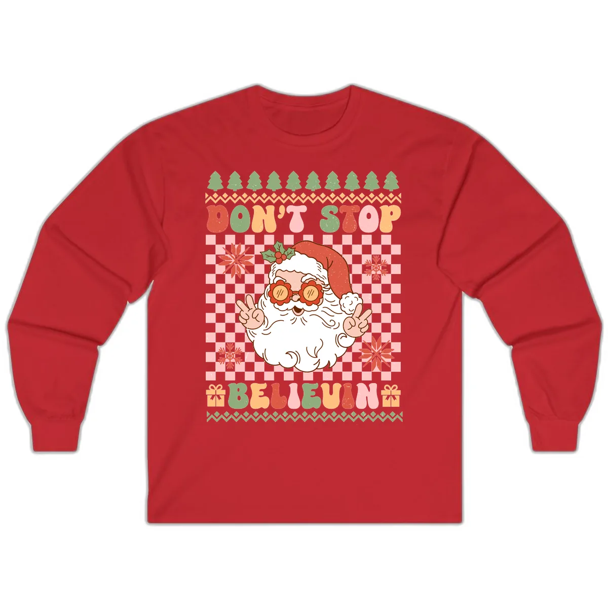 Don't Stop Believin' Retro Santa Long Sleeve in Red