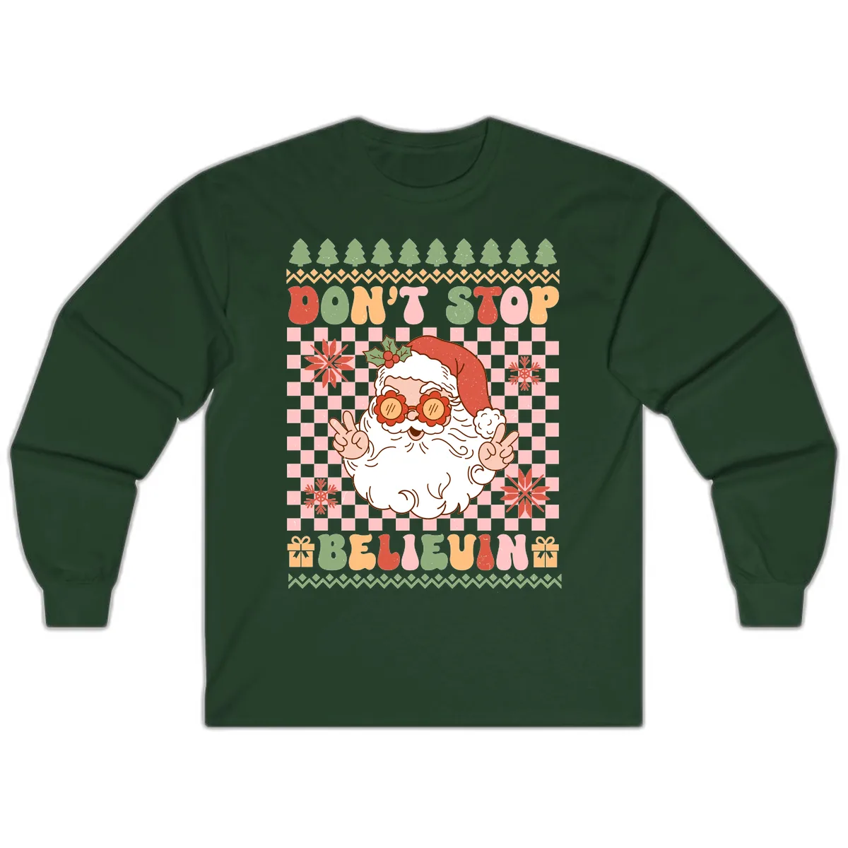 Don't Stop Believin' Retro Santa Long Sleeve in Forest Green