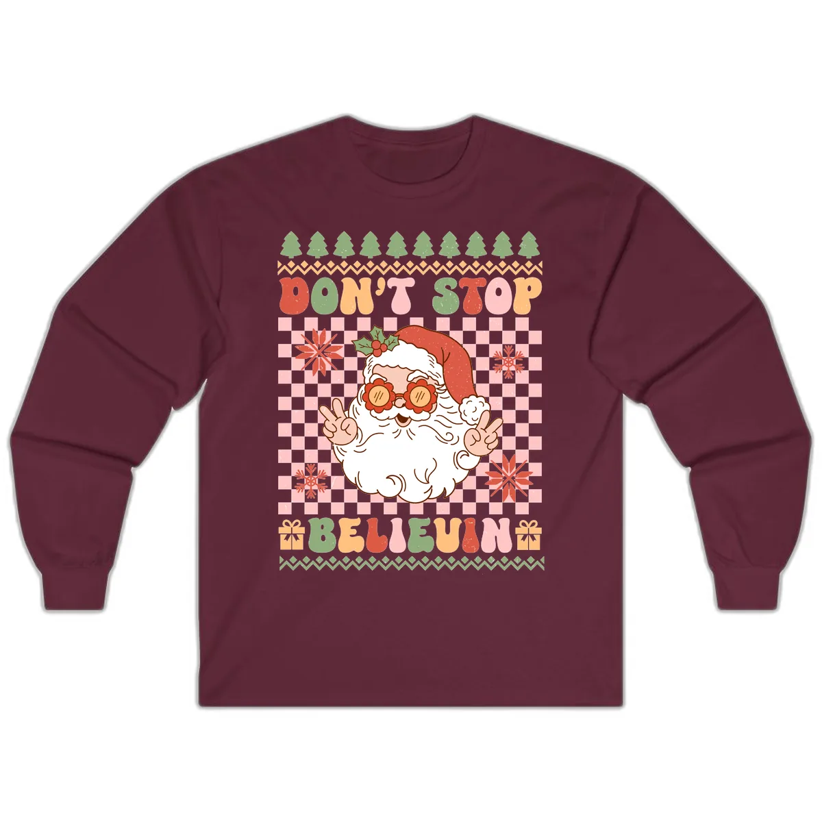 Don't Stop Believin' Retro Santa Long Sleeve in Maroon
