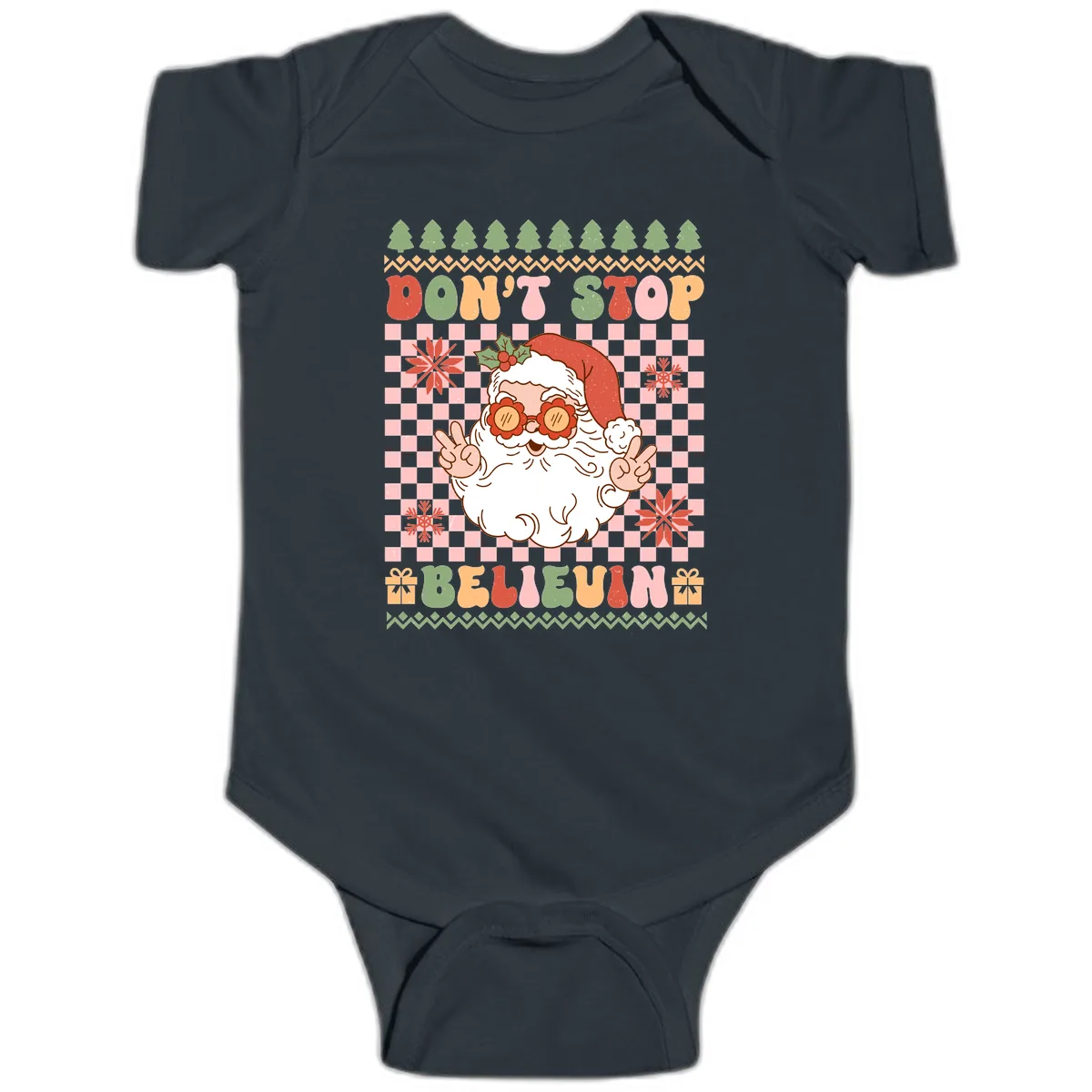 Don't Stop Believin' Retro Santa Baby Onesie in Black