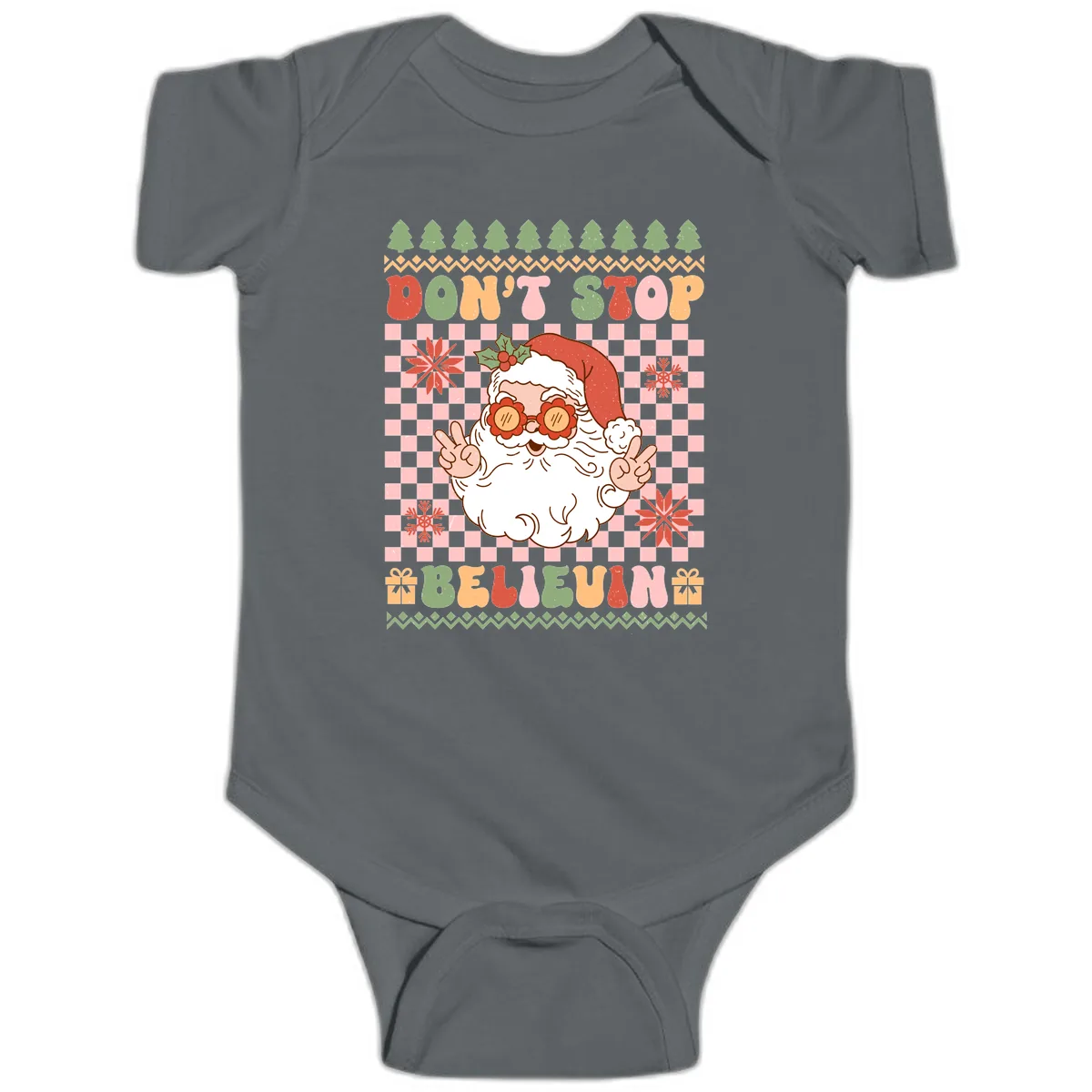 Don't Stop Believin' Retro Santa Baby Onesie in Charcoal