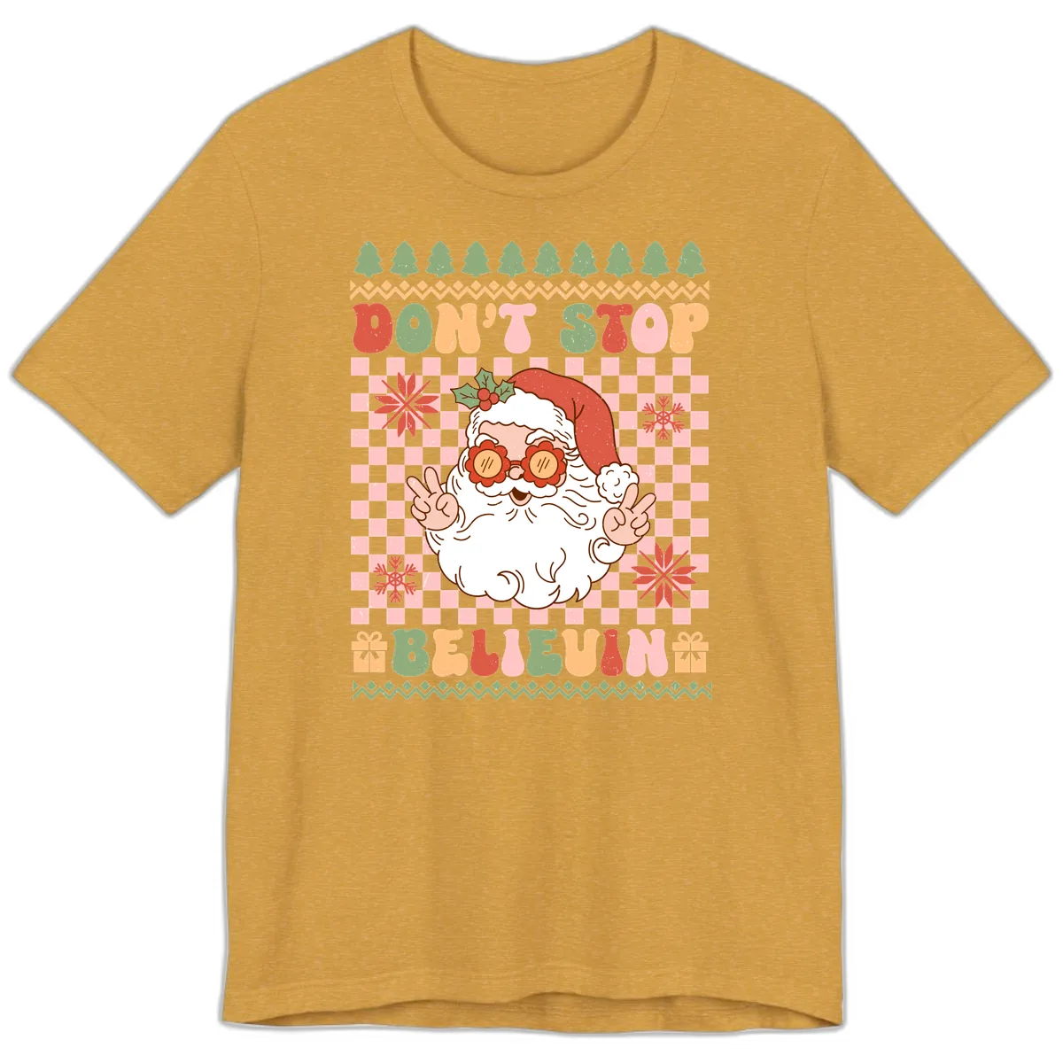 Don't Stop Believin' Retro Santa Premium T-Shirt in Heather Mustard