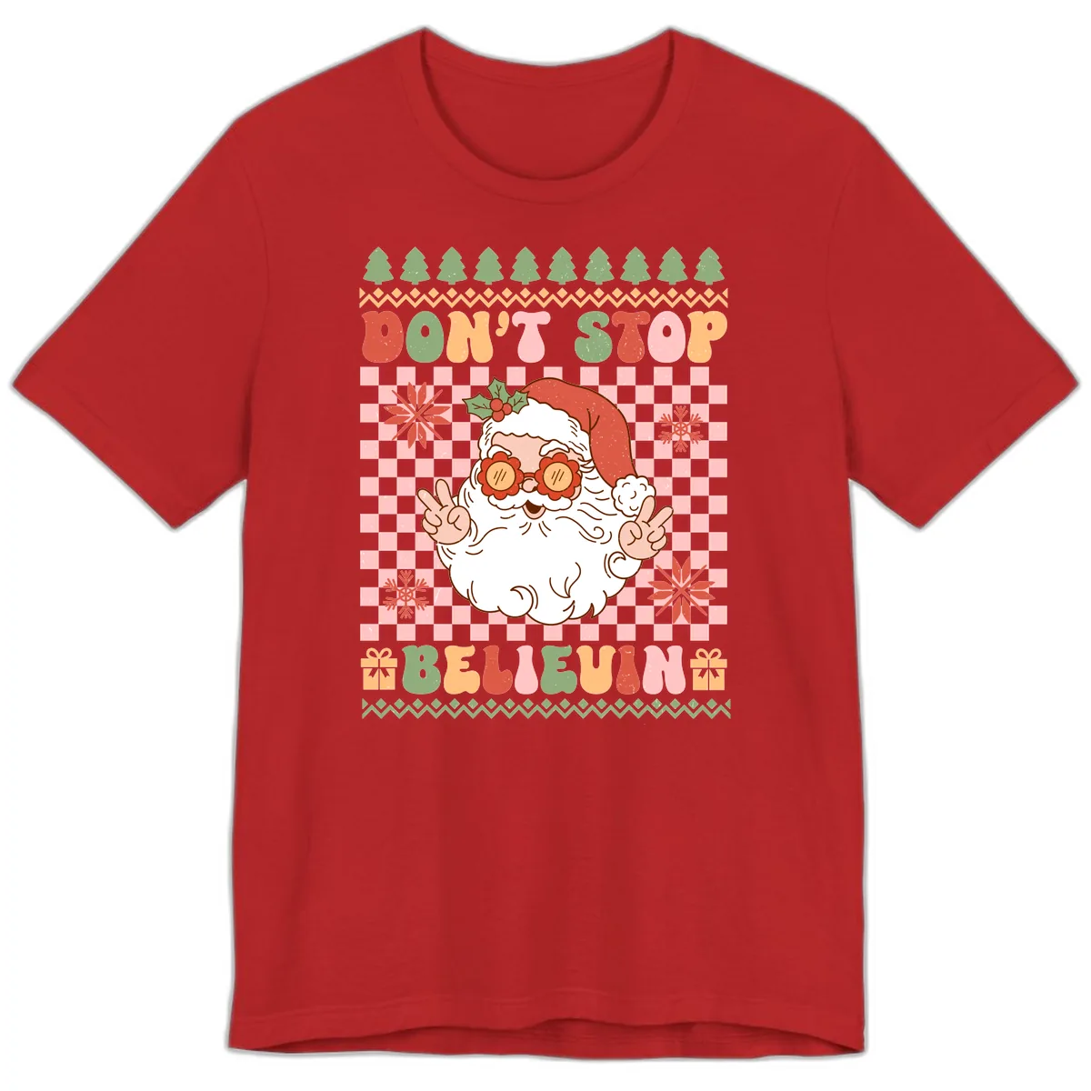 Don't Stop Believin' Retro Santa Premium T-Shirt in Red