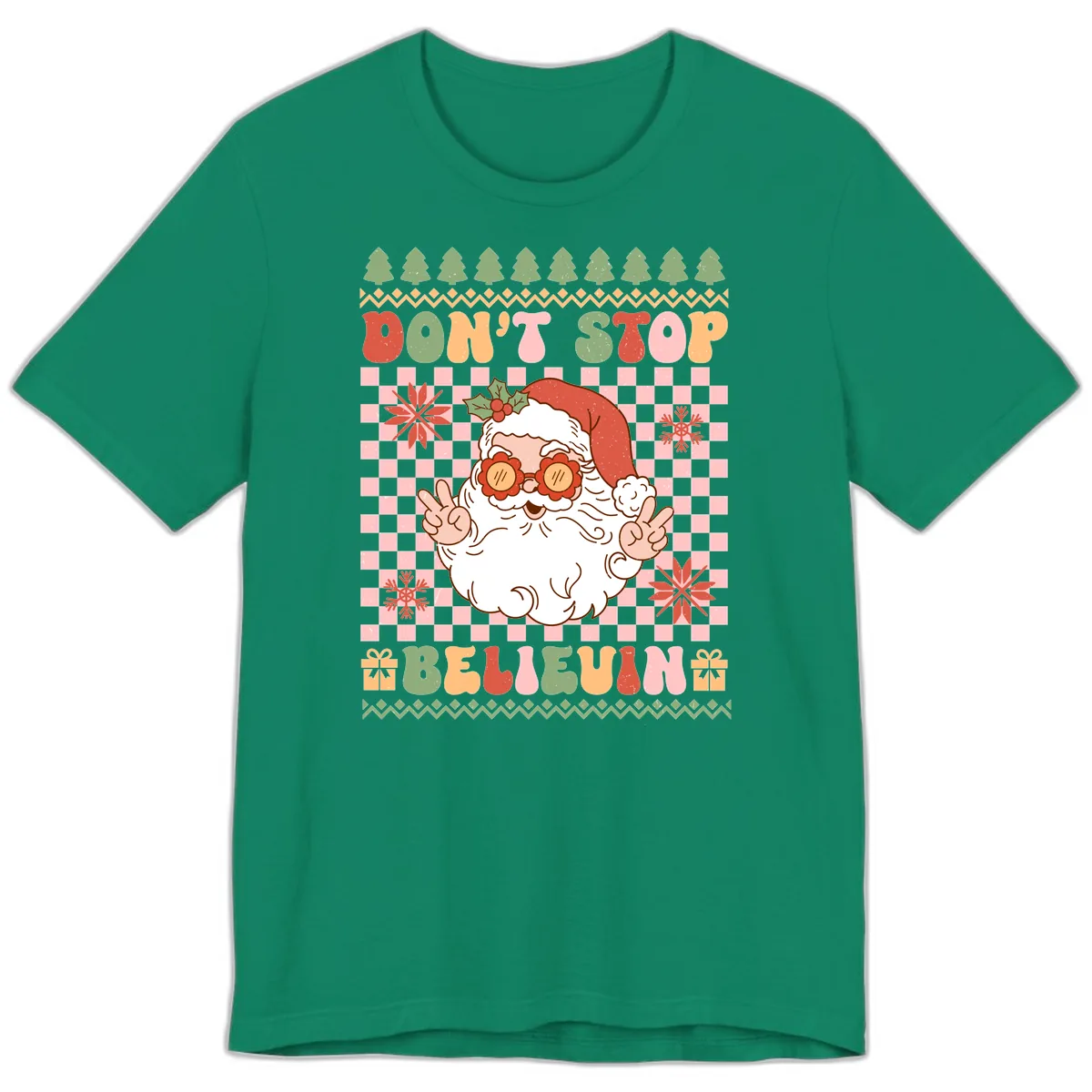Don't Stop Believin' Retro Santa Premium T-Shirt in Kelly