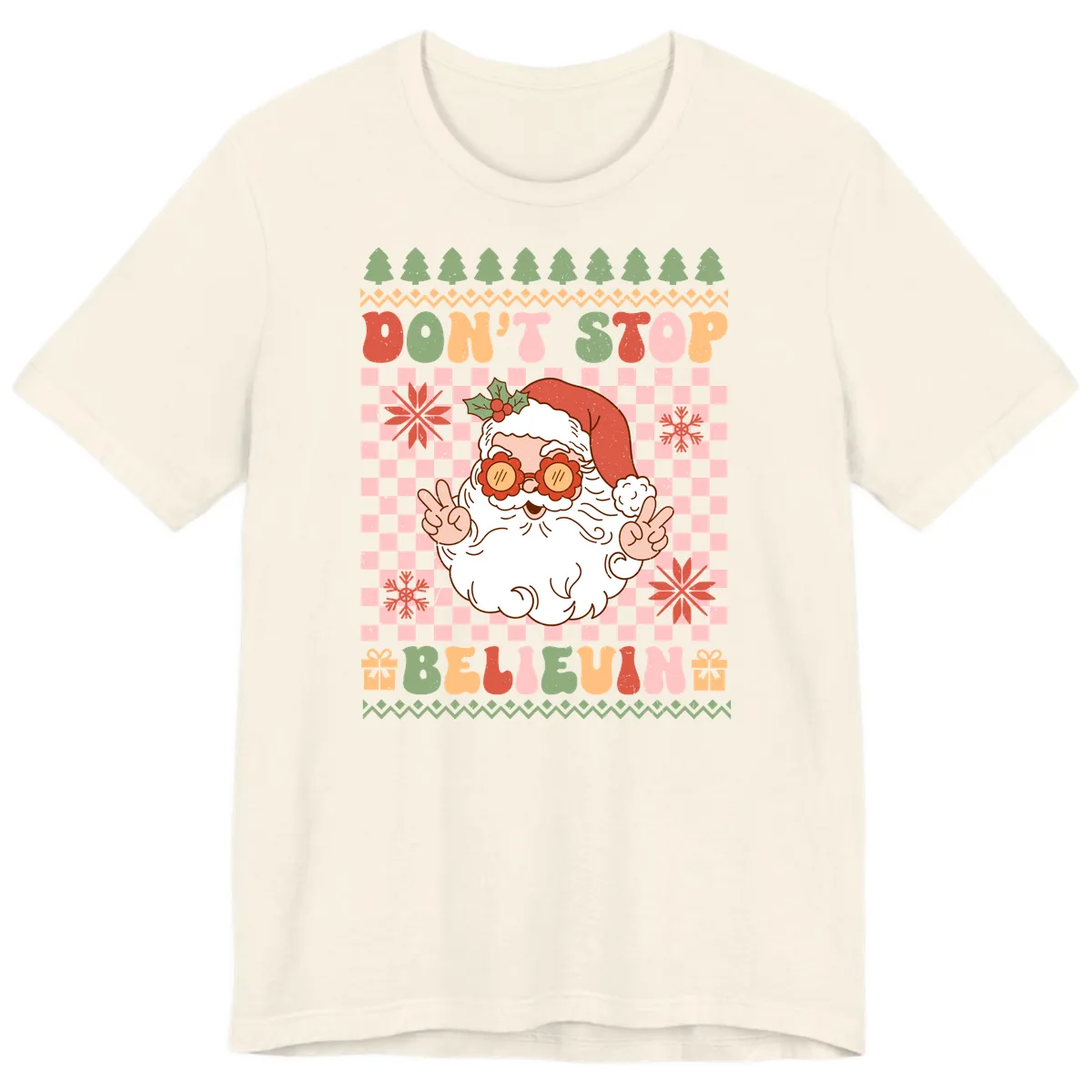 Don't Stop Believin' Retro Santa Premium T-Shirt in Natural