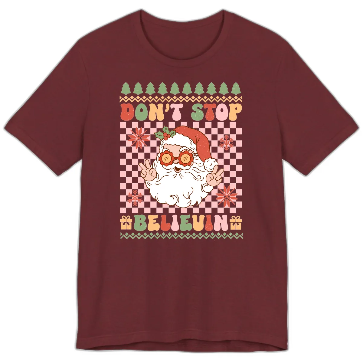Don't Stop Believin' Retro Santa Premium T-Shirt in Heather Cardinal