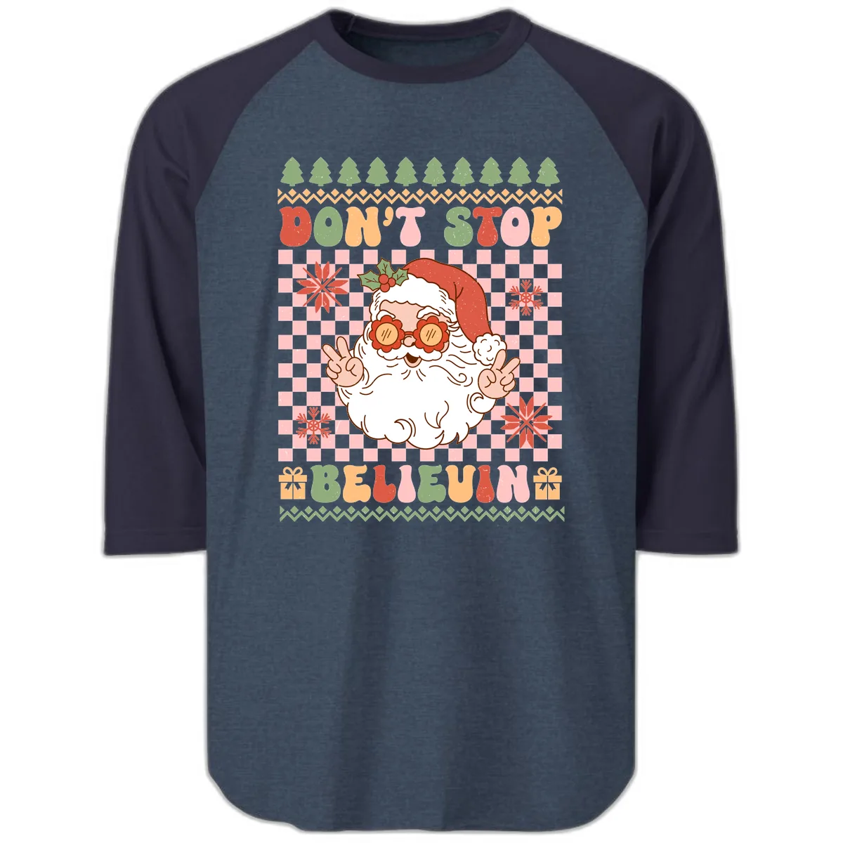 Don't Stop Believin' Retro Santa Raglan 3/4 in Heather Denim Navy