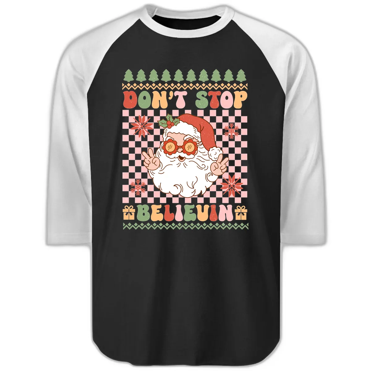 Don't Stop Believin' Retro Santa Raglan 3/4 in Black White
