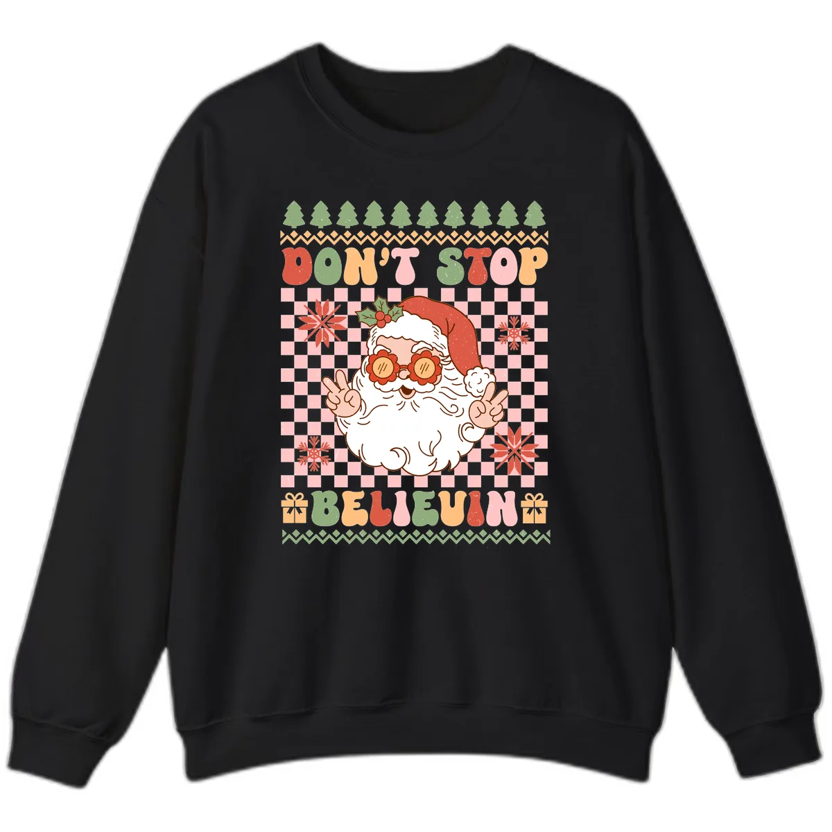 Don't Stop Believin' Retro Santa Sweatshirt in Black