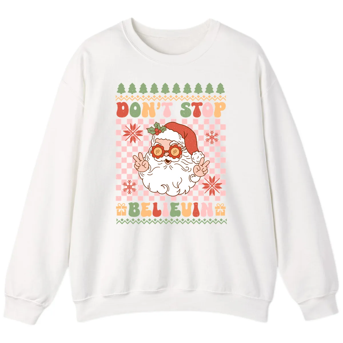 Don't Stop Believin' Retro Santa Sweatshirt in White