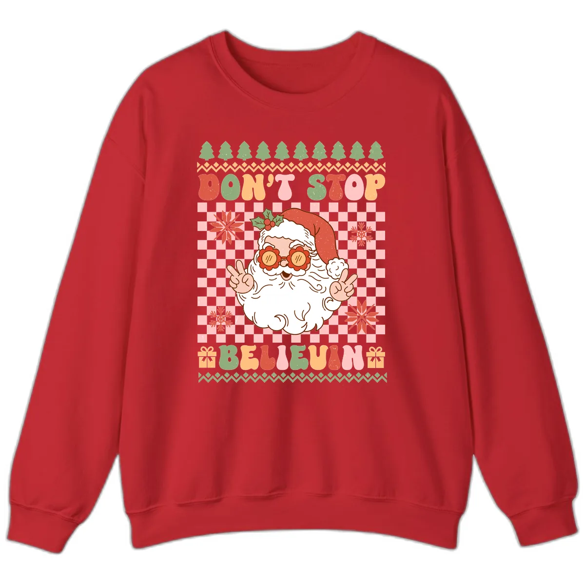 Don't Stop Believin' Retro Santa Sweatshirt in Red