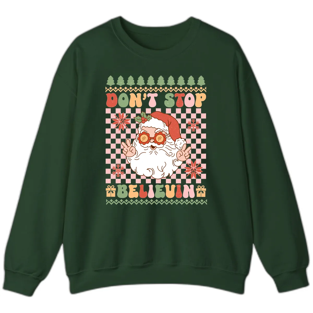 Don't Stop Believin' Retro Santa Sweatshirt in Forest Green