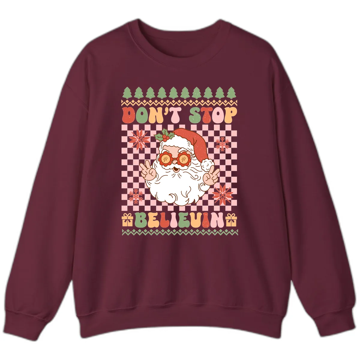 Don't Stop Believin' Retro Santa Sweatshirt in Maroon