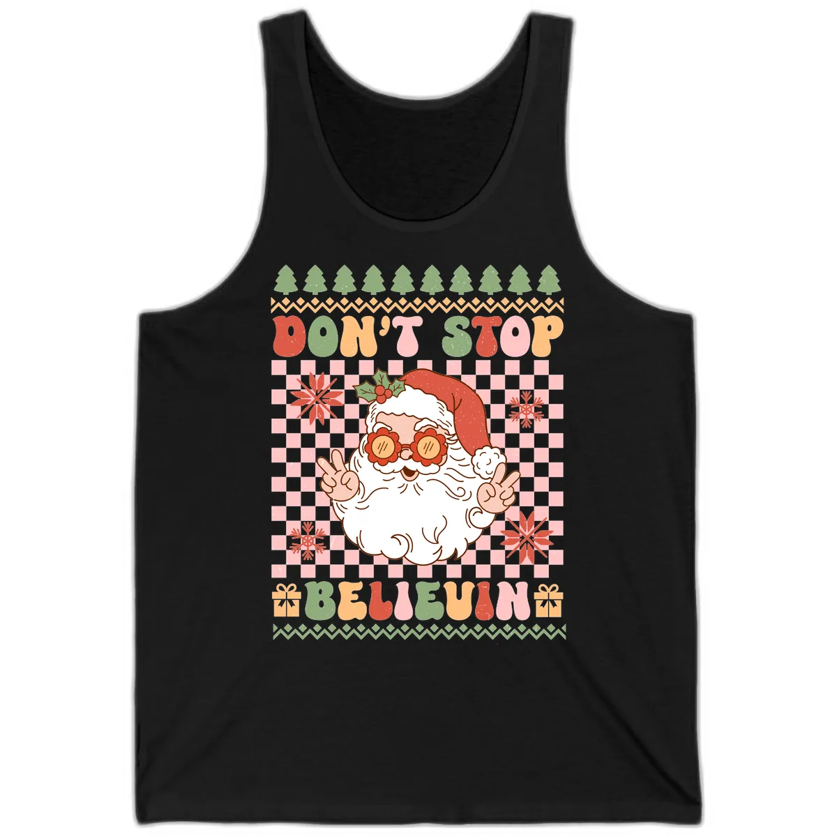 Don't Stop Believin' Retro Santa Tank in Black