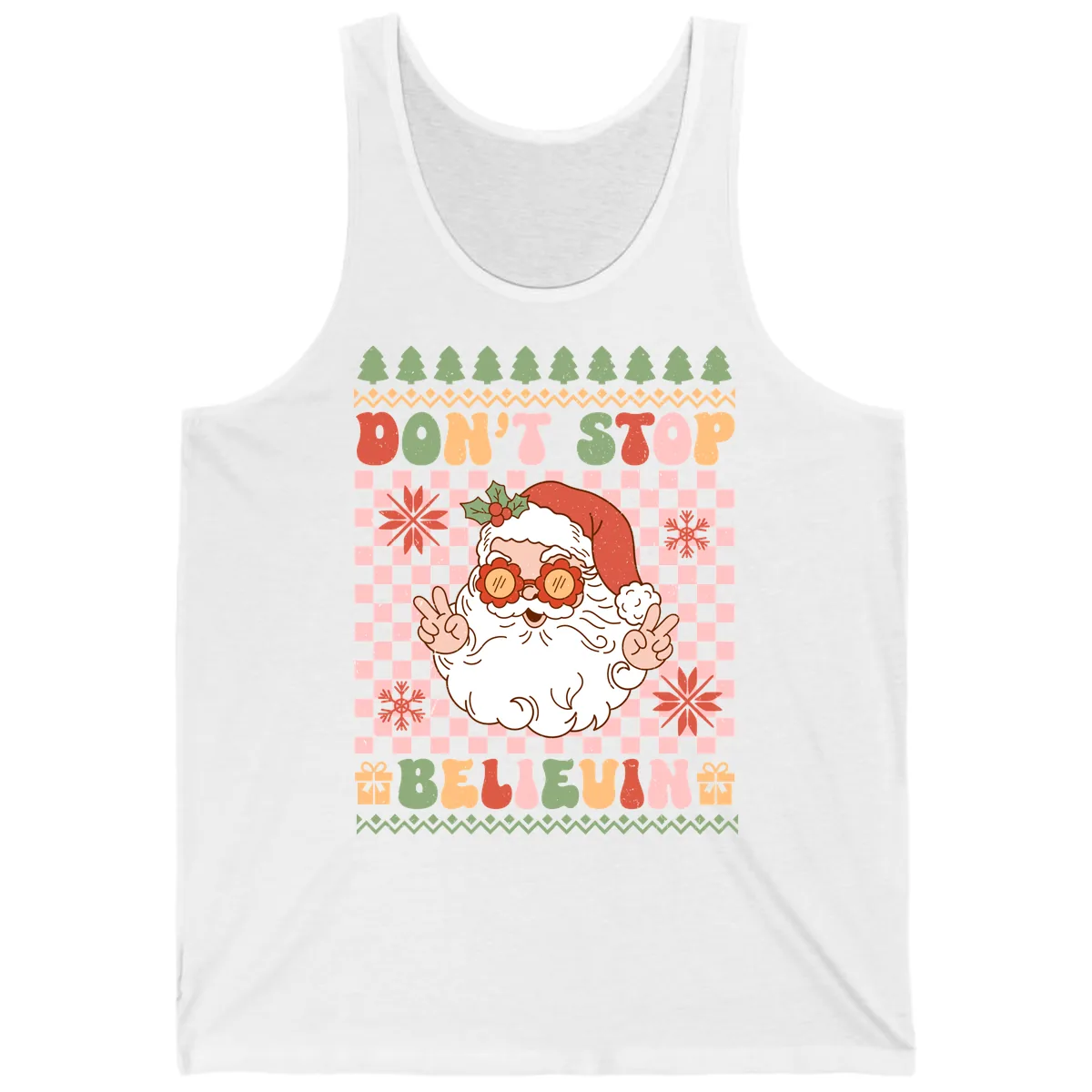 Don't Stop Believin' Retro Santa Tank in White