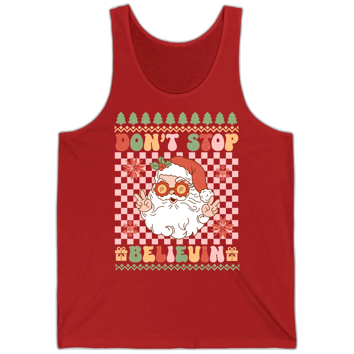Don't Stop Believin' Retro Santa Tank in Red