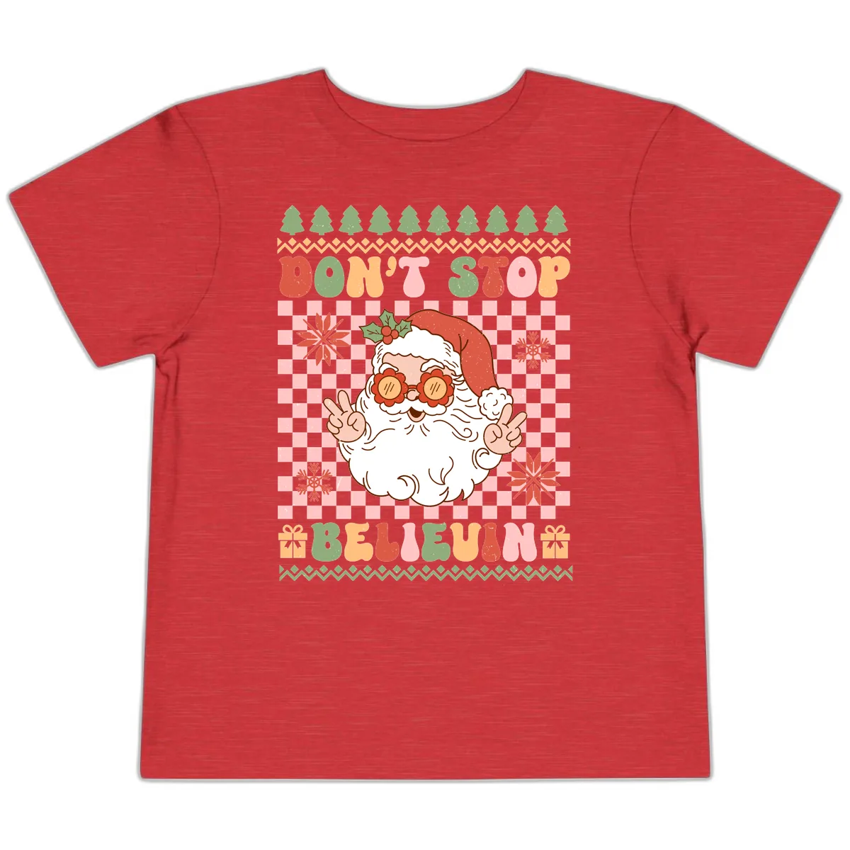 Don't Stop Believin' Retro Santa Toddler T-Shirt in Heather Red