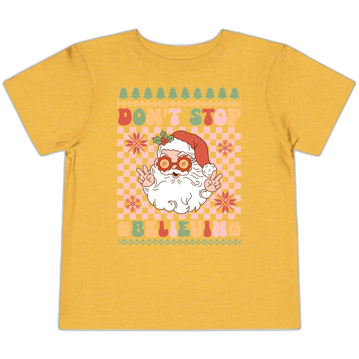 Don't Stop Believin' Retro Santa Toddler T-Shirt in Heather Yellow Gold