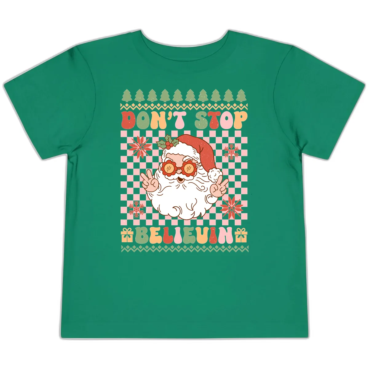 Don't Stop Believin' Retro Santa Toddler T-Shirt in Kelly